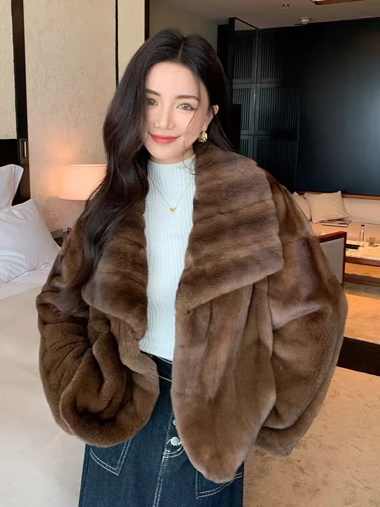 【萱萱皮草】紫金短二小母貂手工全抽刀立翻领短款貂皮大衣外套