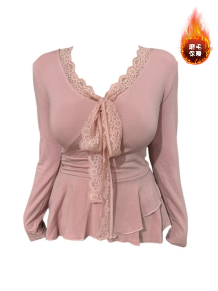 Amy家 胖mm纯欲风蕾丝边V领磨毛针织打底衫女秋冬不规则显瘦上衣