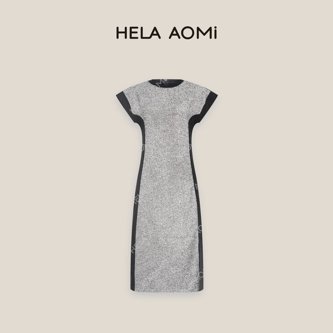 HELAAOMI “修容裙”高级设计感撞色拼接圆领显瘦连衣裙CY5BH72909