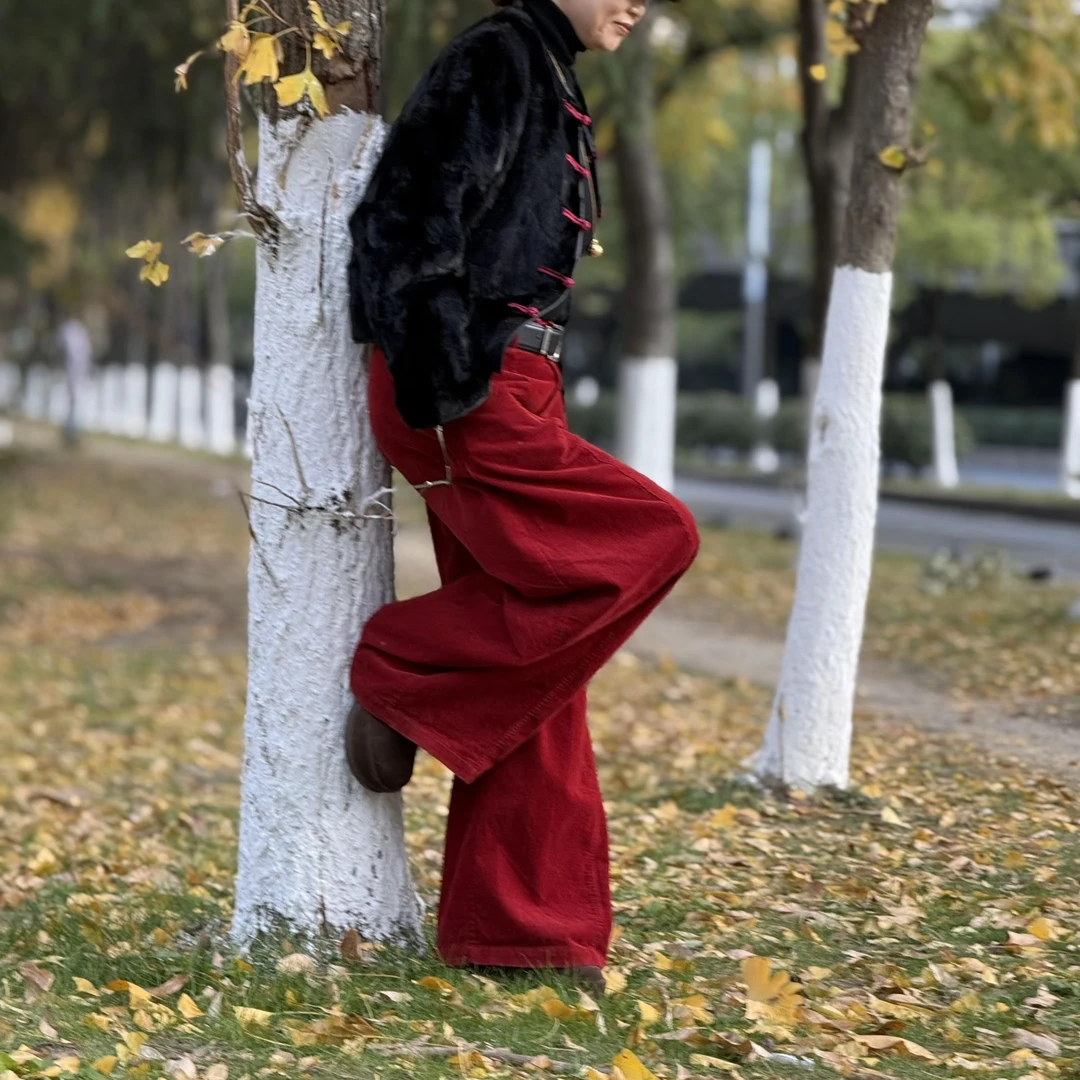 灯芯绒阔腿裤时尚高腰休闲裤阔腿裤流苏蓝色长款纯色SY001