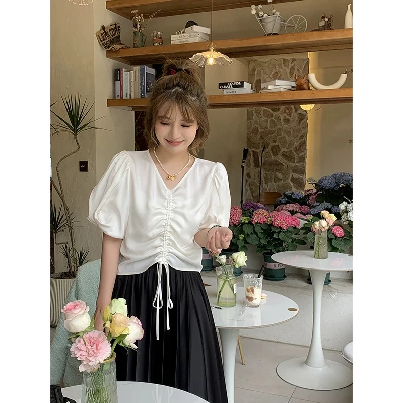 7548 高级感v领抽绳短袖衬衫女夏季新款设计感宽松半袖套头