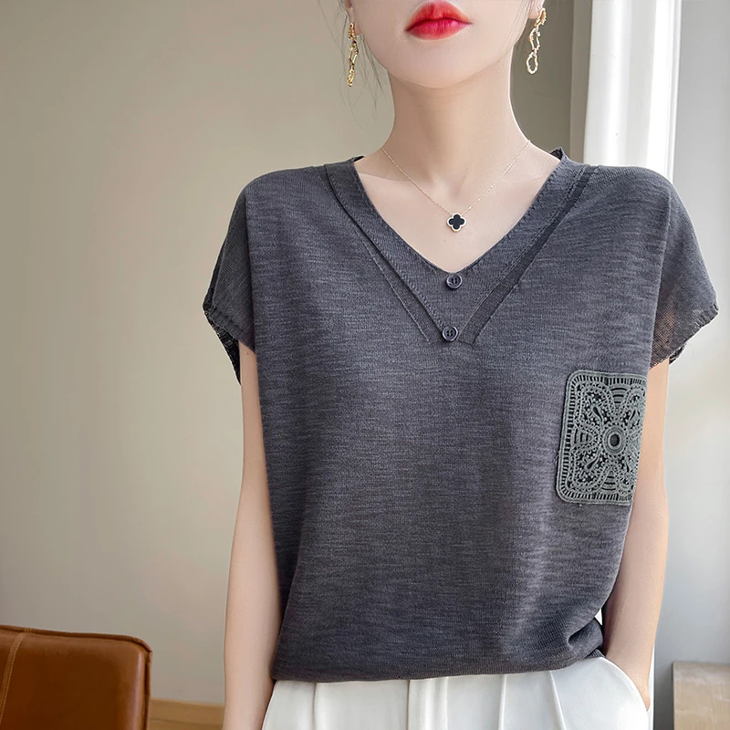 【奥莱撤柜】哥家法式轻奢针织衫短袖女V领舒适凉感精致钩花V领T恤