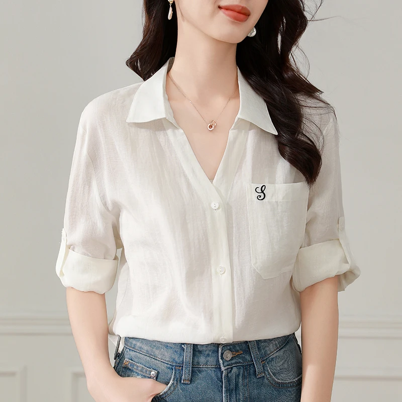 高端打牌白色亚麻衬衫女2025年夏季新款通勤百搭女士衬衣短袖上衣