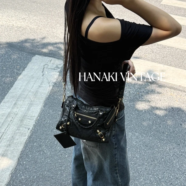 95新 Balenciaga/巴黎世家 花绮中古/黑金mini city机车单肩包