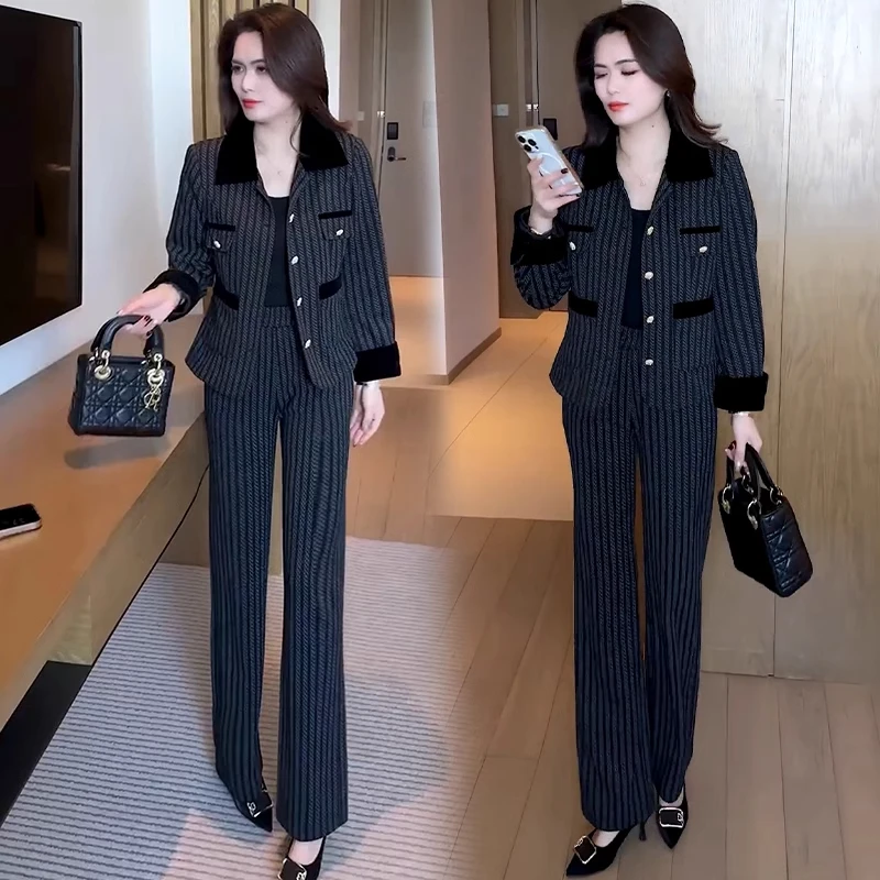 时尚高级小香风套装女2025春秋新款小个子洋气减龄条纹休闲两件套