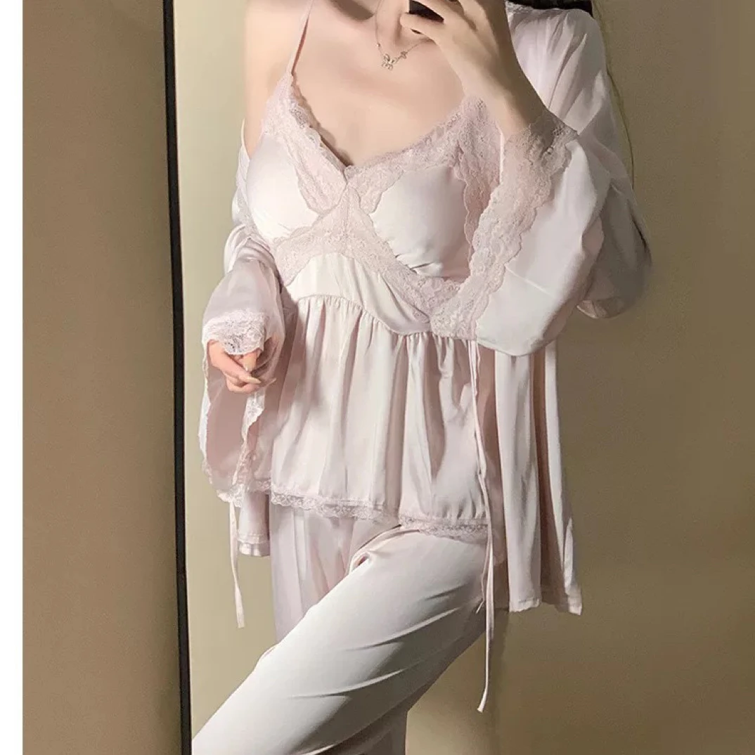 【海岛简爱】冰丝吊带长袖蕾丝带胸垫家居服睡衣1337