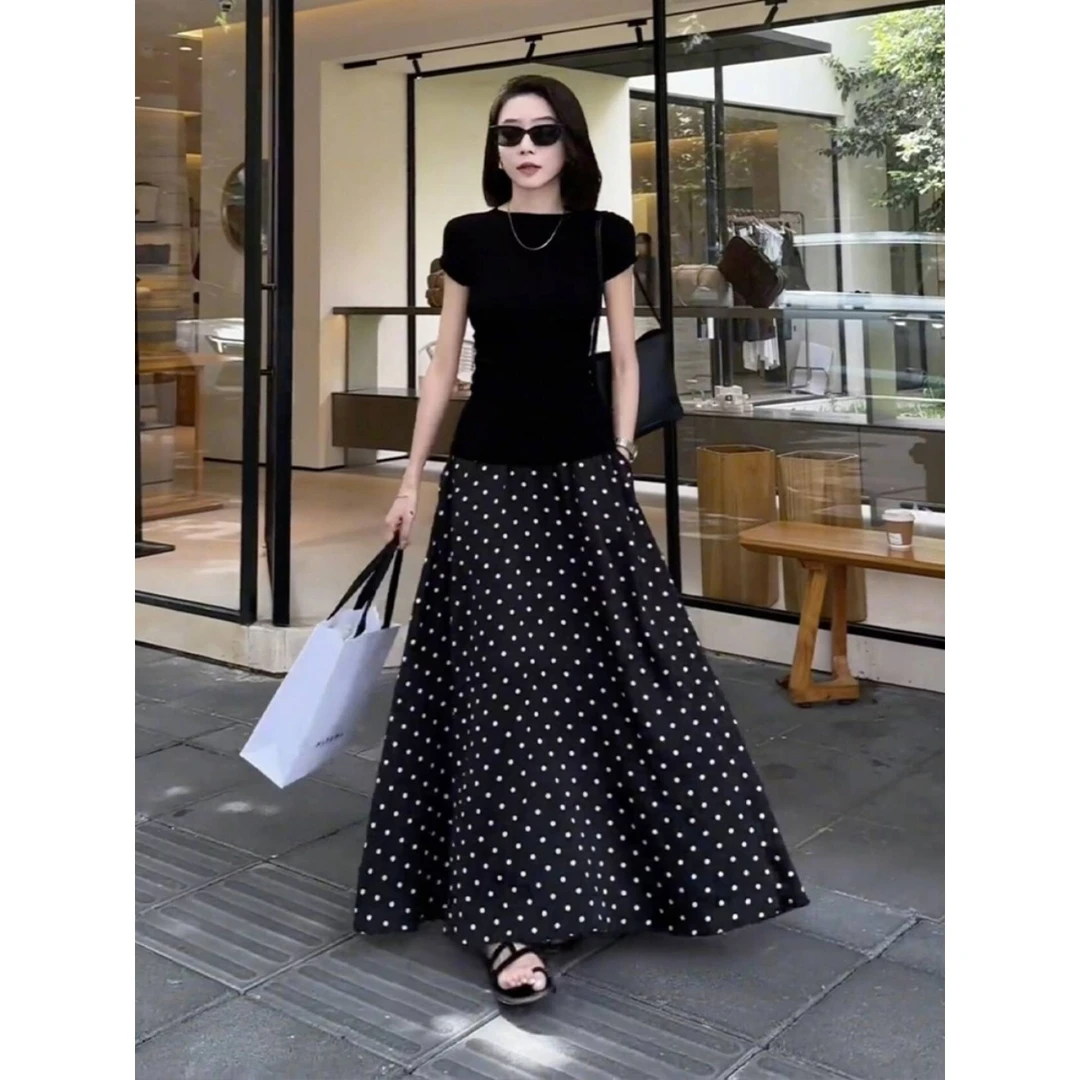 法式高级感黑色连衣裙女夏季新款通勤长款温柔气质波点雪纺裙套装