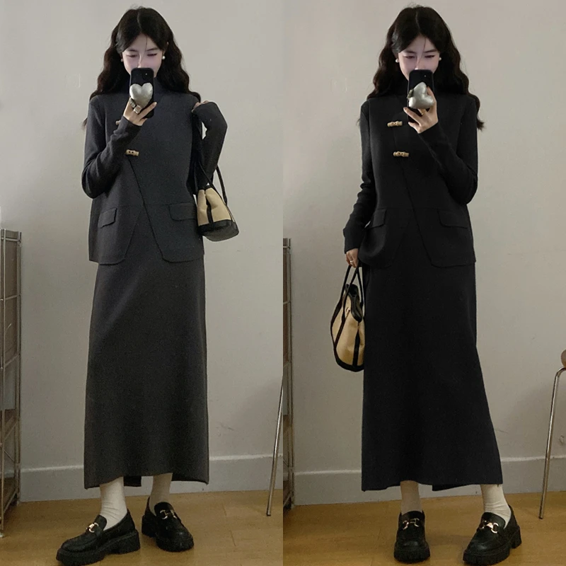 大码胖mm秋冬新款小香风马甲针织半高领打底衫高腰半身裙三件套装