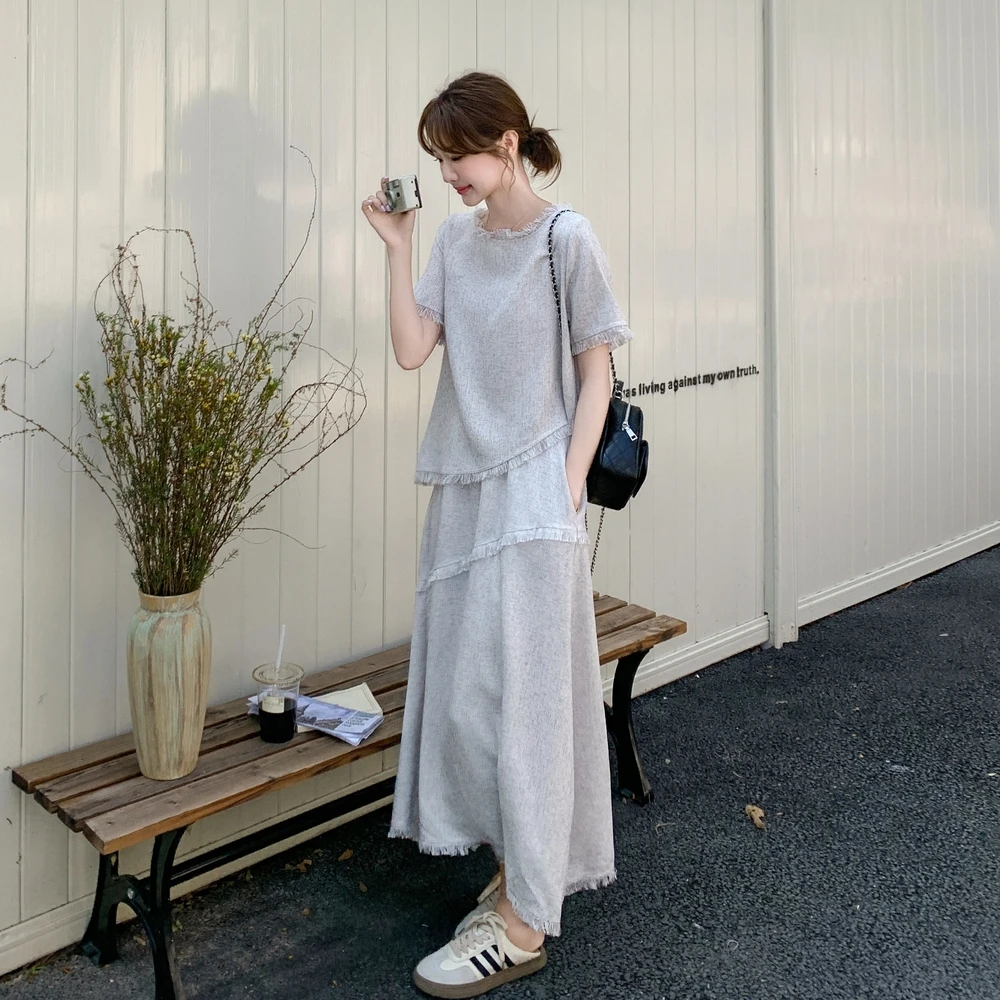 冷淡系简约气质时尚套装裙女2025夏季新款慵懒风不规则流苏两件套