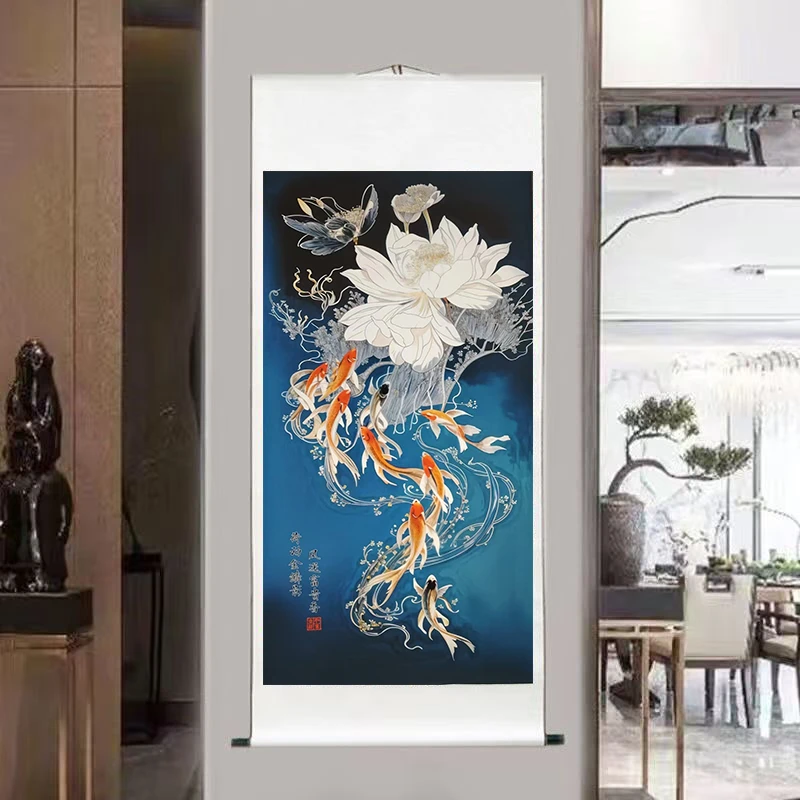 四尺-《荷花九鱼图》-竖幅-玄关-风景挂画