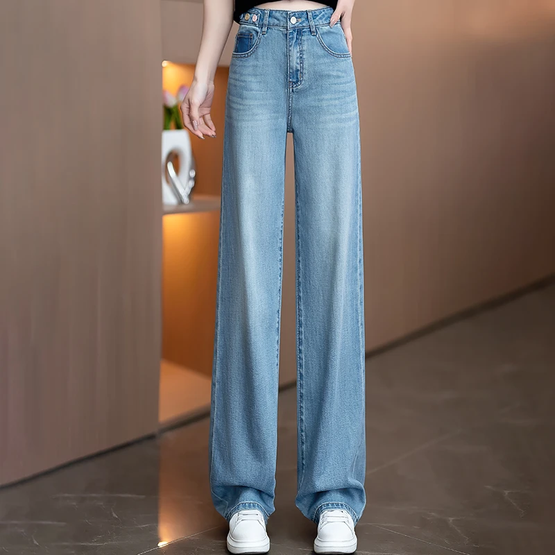 浅色阔腿牛仔裤女士2024年夏季薄新款高腰水洗窄版直筒裤夏天裤子