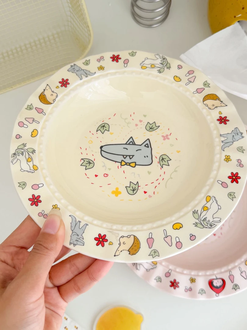 森南陶瓷餐具小红帽卡通小清新少女心吃饭碗ins可爱家用-草帽深盘