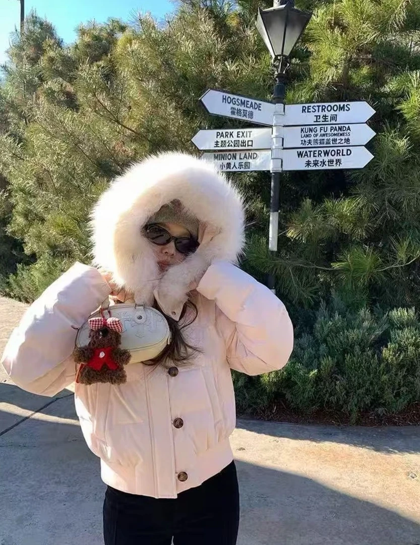 2025年冬季新款连帽大毛领小个子短款宽松加厚棉服外套上衣女