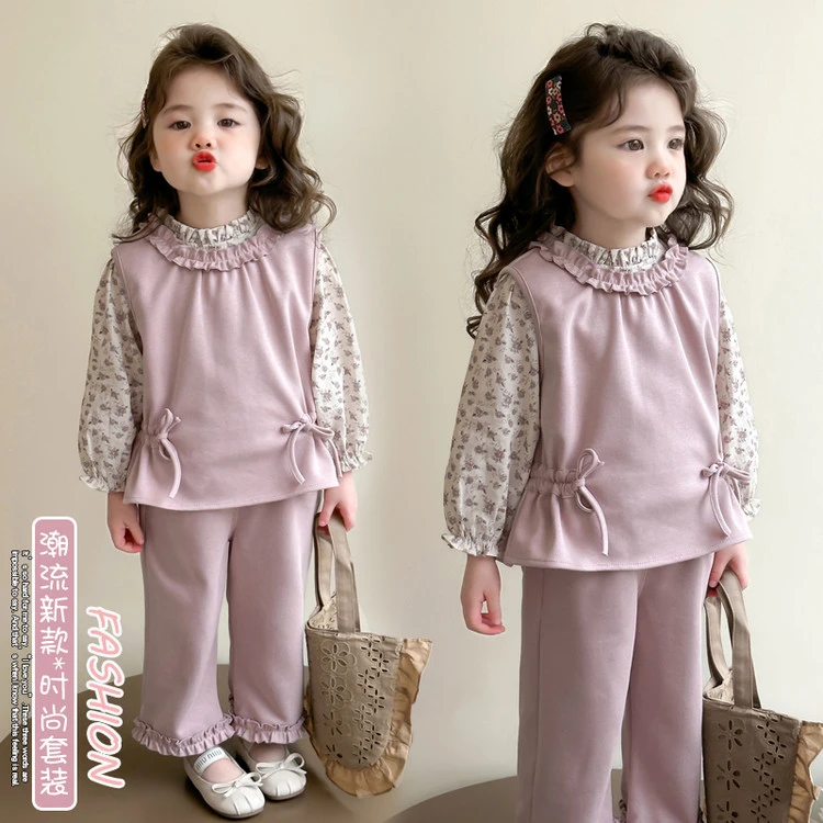 女童小香风蝴蝶结马甲碎花三件套2025春秋新款洋气花边裤小童套装