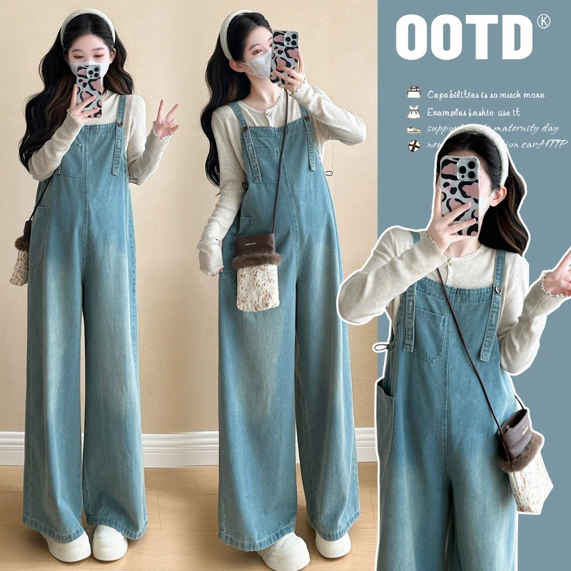孕妇装2025秋冬新款韩系时尚小香风气质宽松牛仔背带裤减龄两件套