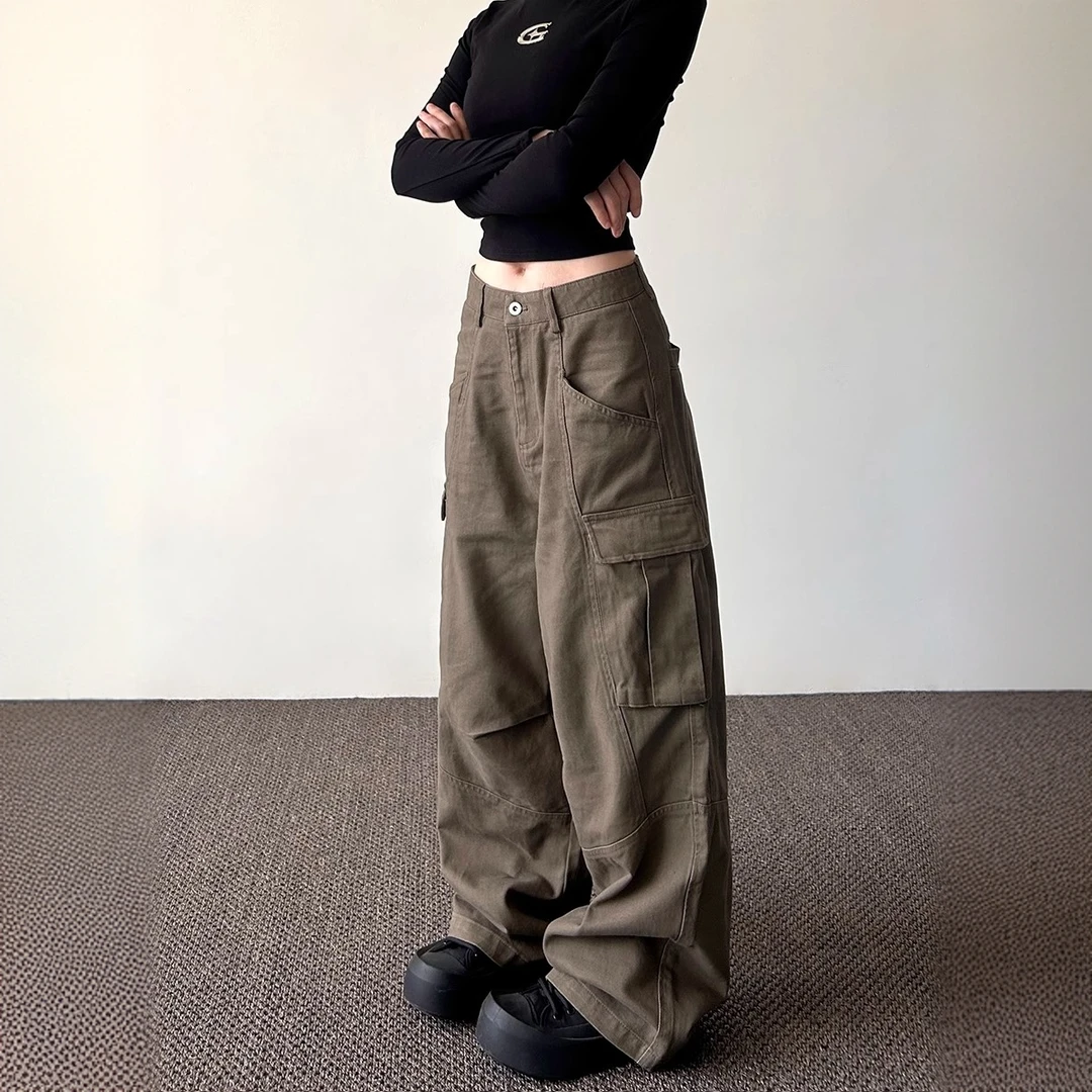大码美式复古大口袋轮廓工装裤女直筒宽松显瘦高腰阔腿休闲长裤子