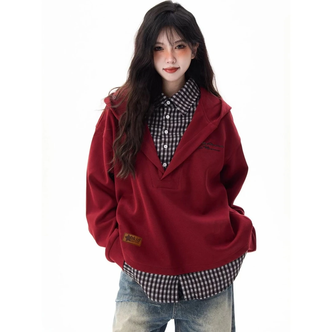 HandSeven美式复古格子假两件拼接春秋男女学院风外套上衣卫衣