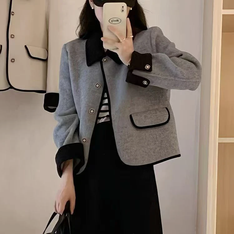 2025秋冬新款小香风双面呢大衣女短款撞色小个子精致百搭上衣外套