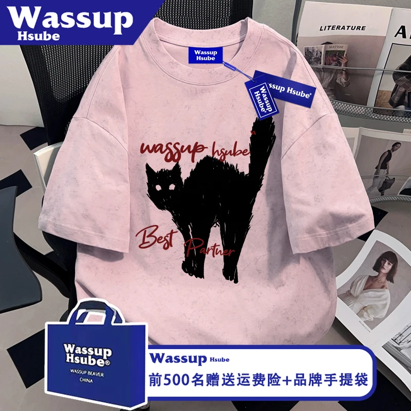 WASSUP HSUBE夏纯棉男女上衣2025新款粉色蜡染T恤卡通猫印花短袖