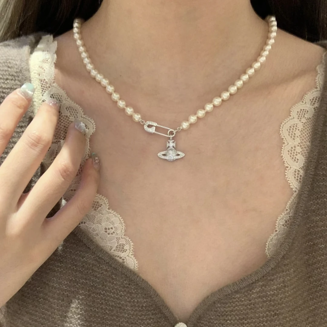 经典珠珠别针满钻土星项链