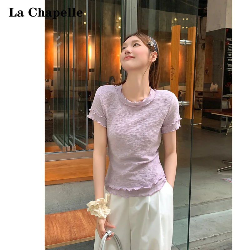 拉夏贝尔木耳边正肩短袖t恤女2025夏季新款洋气修身显瘦短款上衣