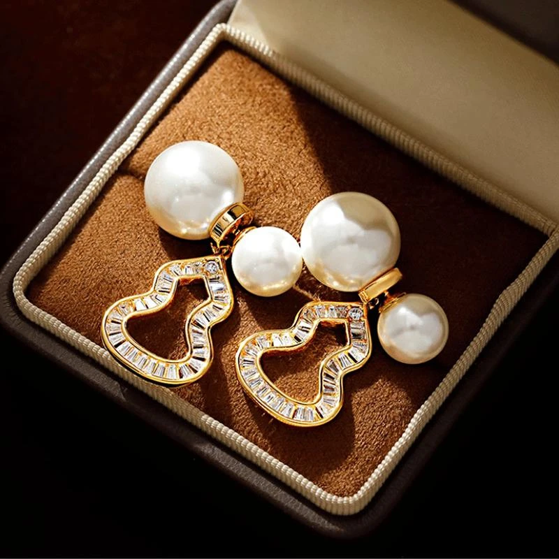 铜合金仿珍珠耳饰 法式时尚百搭一款两戴葫芦耳钉小众设计感耳饰