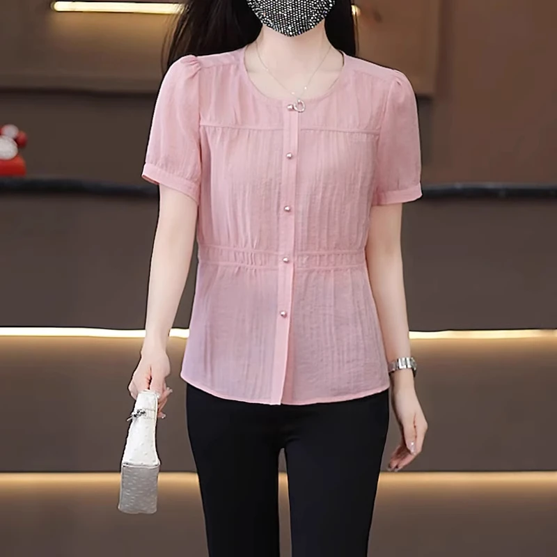 拉夏贝尔洋气短袖薄衬衫女薄2025夏季时尚圆领收腰显瘦设计感衬衣