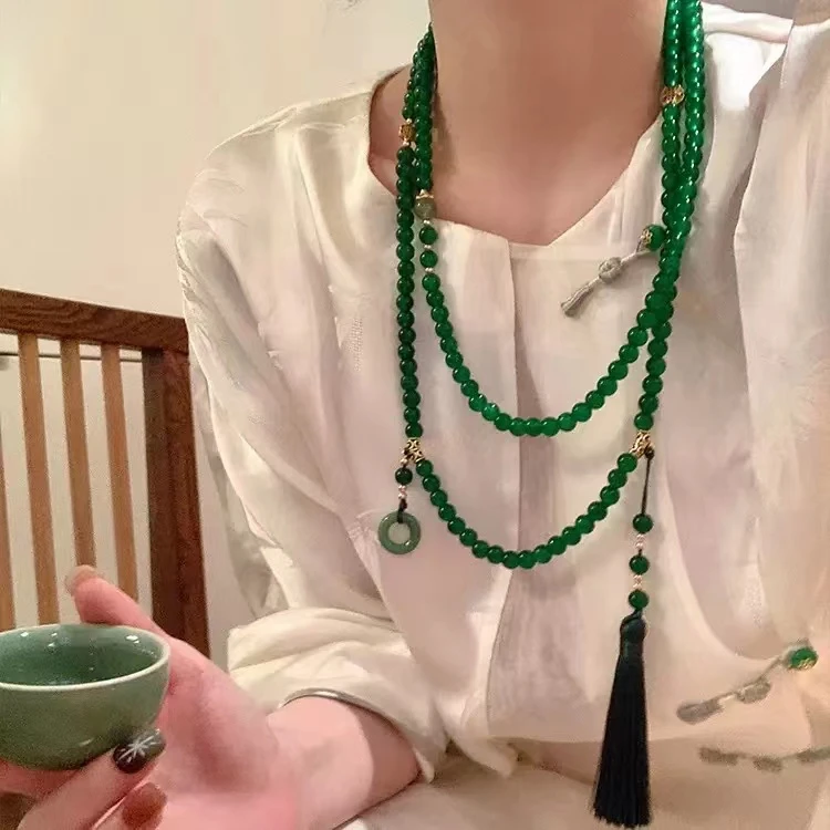 铜合金项链 108颗碧绿珠珠新中式长款项链汉服搭配项链女款轻奢