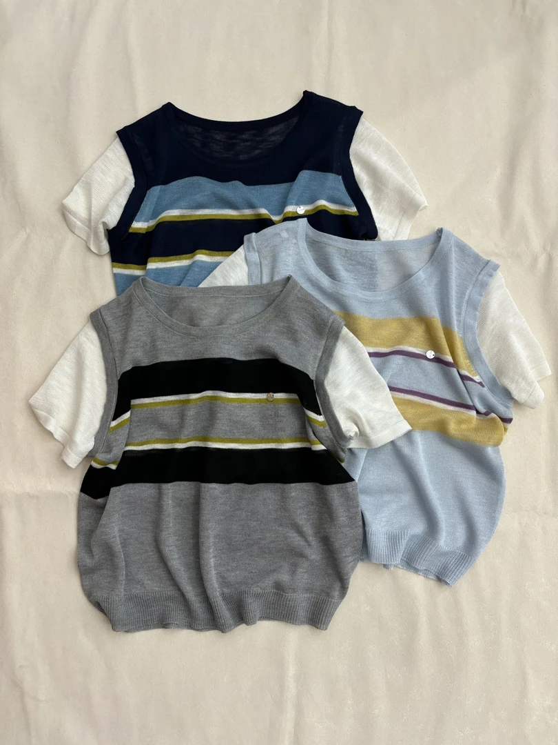 [王大一]175韩系撞色条纹冰丝针织假两件短袖T恤女新款宽松上衣