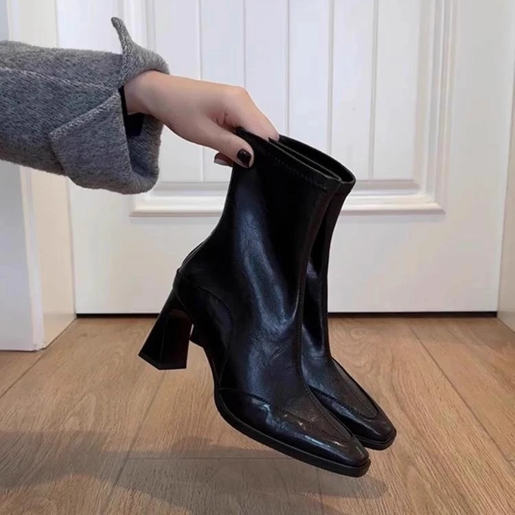高跟短靴女2025秋冬新款黑色百搭方头粗跟弹力瘦瘦靴法式气质踝靴