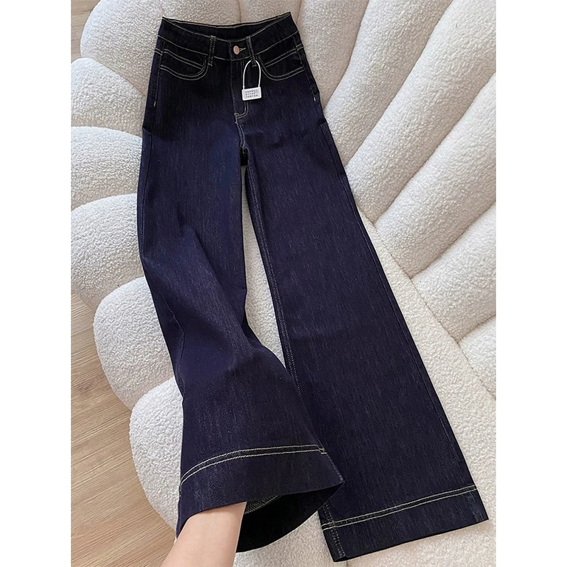 美式复古深蓝色水洗牛仔裤女2025冬季新款高腰宽松微喇阔腿拖地裤