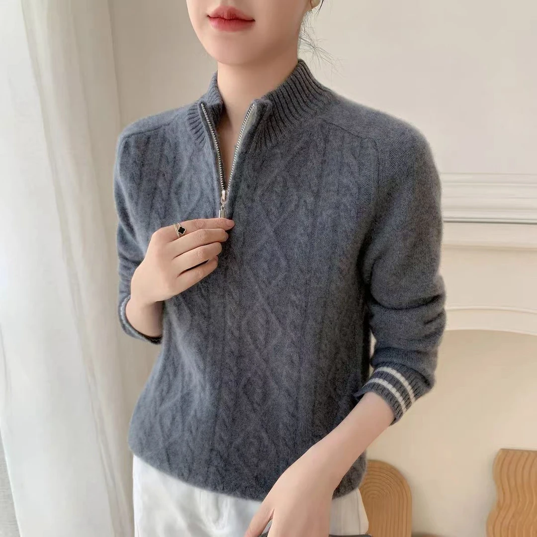 【麻花半拉链-灰色】女士女装针织衫毛衣加厚减龄保暖秋冬新款洋气