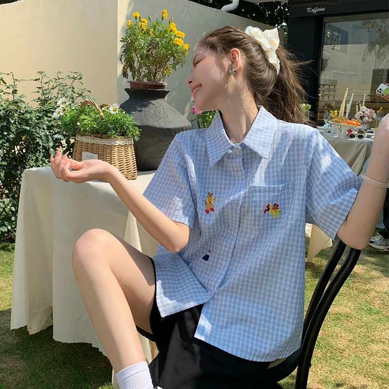 50822日系刺绣格子衬衫女短袖衬衣宽松休闲大码百搭显瘦上衣