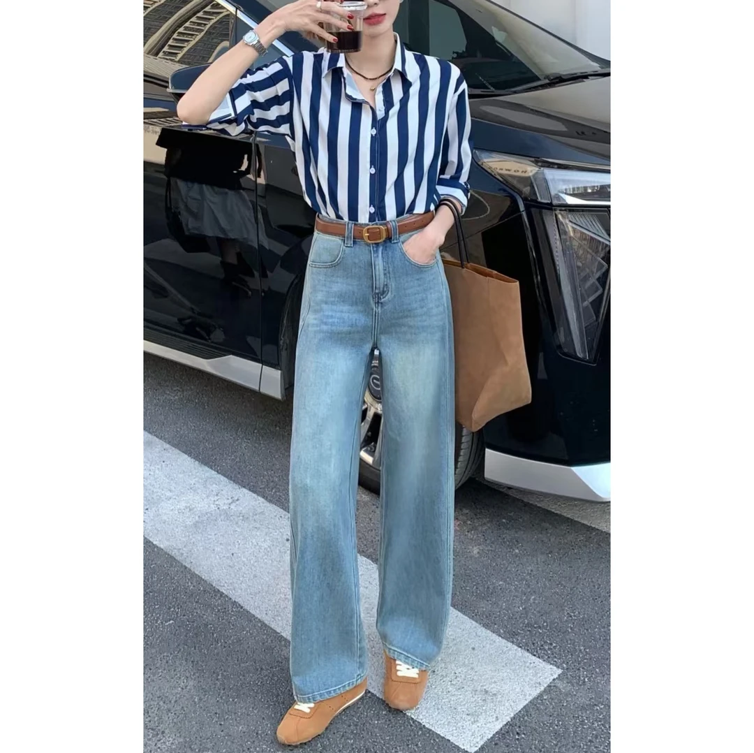 8112#春季新款高腰显瘦弯刀裤宽松直筒阔腿裤牛仔裤女
