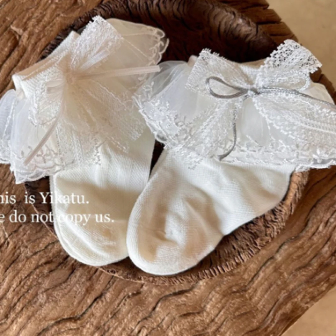 伊卡兔儿童袜子2025春款新款白花边银丝蝴蝶结童袜蕾丝春夏夏季