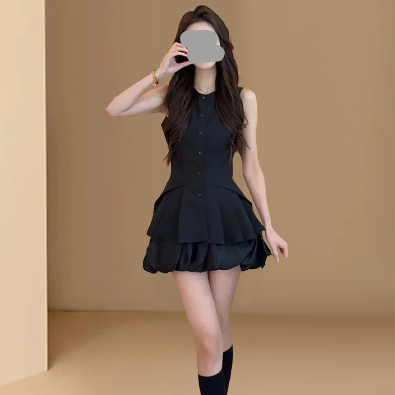 今年流行的女装套装2025新款夏季无袖收腰背心上衣高腰显瘦蛋糕裙