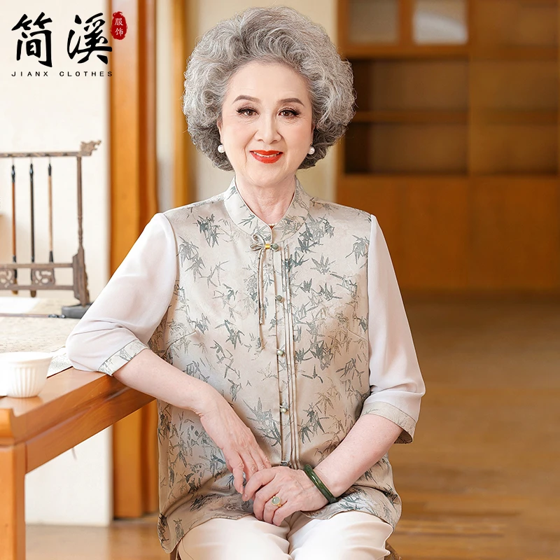 简溪奶奶装夏季新中式国风衬衫中老年人妈妈洋气衬衣女老太太夏装