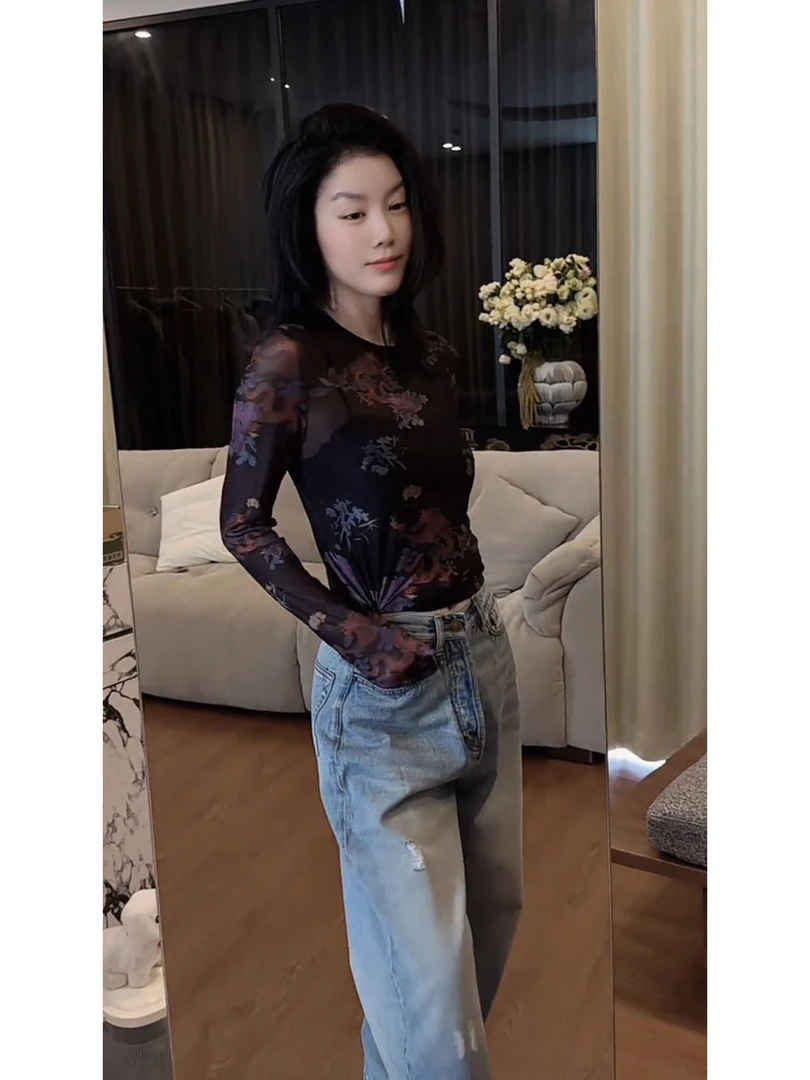 黑色薄款网纱长袖防晒罩衫2025年秋季新款短款打底衫上衣t恤女装