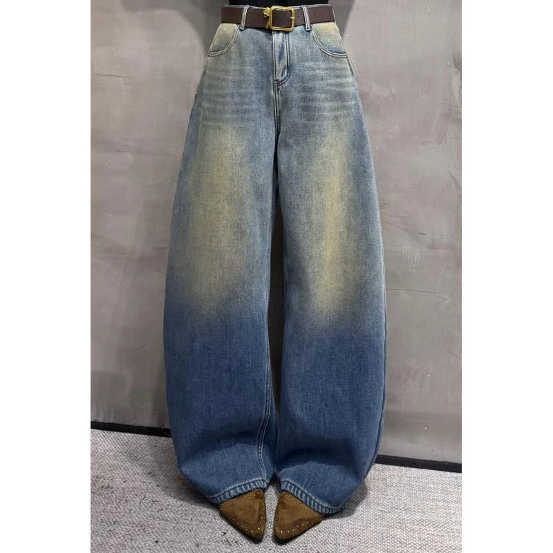 92892#欧货复古加绒加厚阔腿牛仔裤女秋季高腰宽松百搭休闲直筒