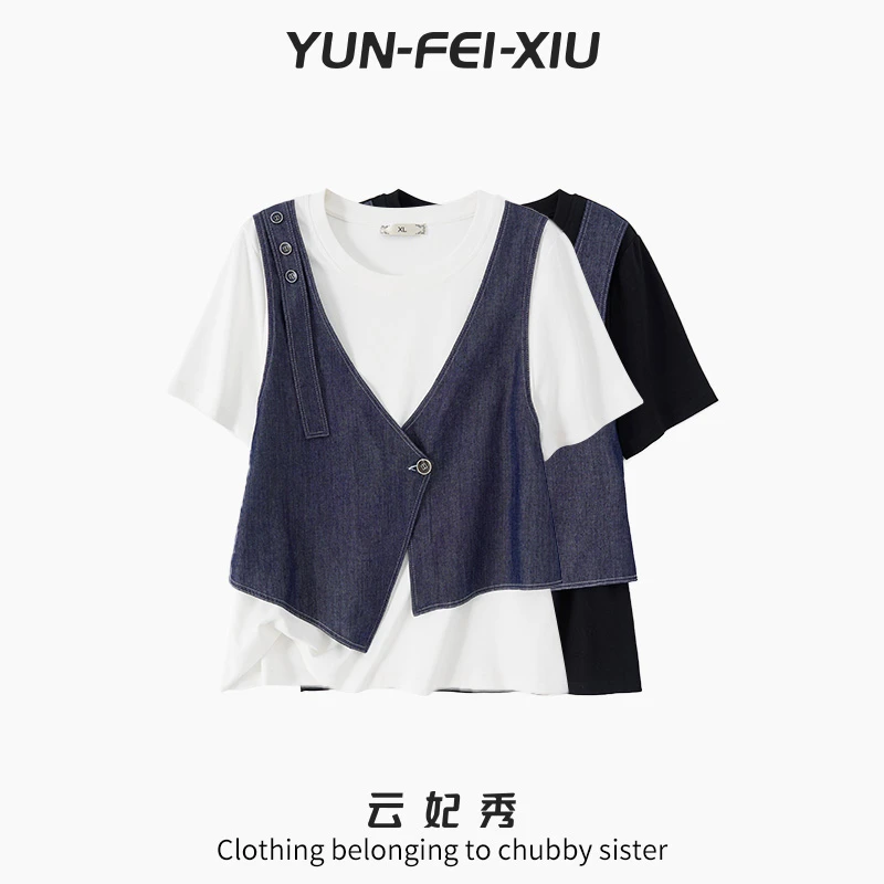 云妃秀大码女装T恤时尚假两件上衣胖妹妹休闲气质圆领显瘦夏5835