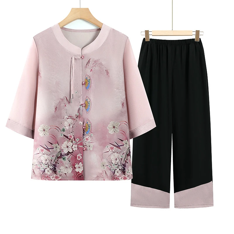 奶奶中式夏装套装60岁70老年人女七分袖洋气妈妈两件套老太太衬衣