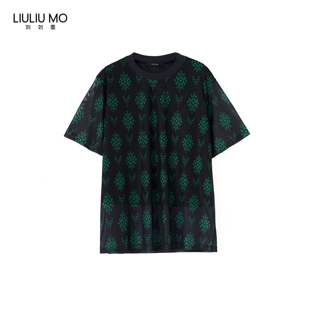 刘刘墨小众设计夏季时尚绿色撞色名族风图腾垂坠凉感百搭圆领T恤