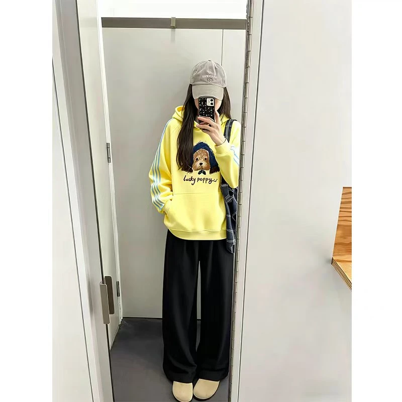 美式大码胖mm三条杠卫衣女秋冬加绒加厚卡通印花连帽套头衫外套潮