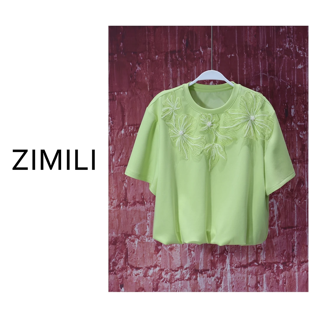 【程二女装】2025夏季欧货青柠绿立体盘花花苞下摆时尚T恤7398