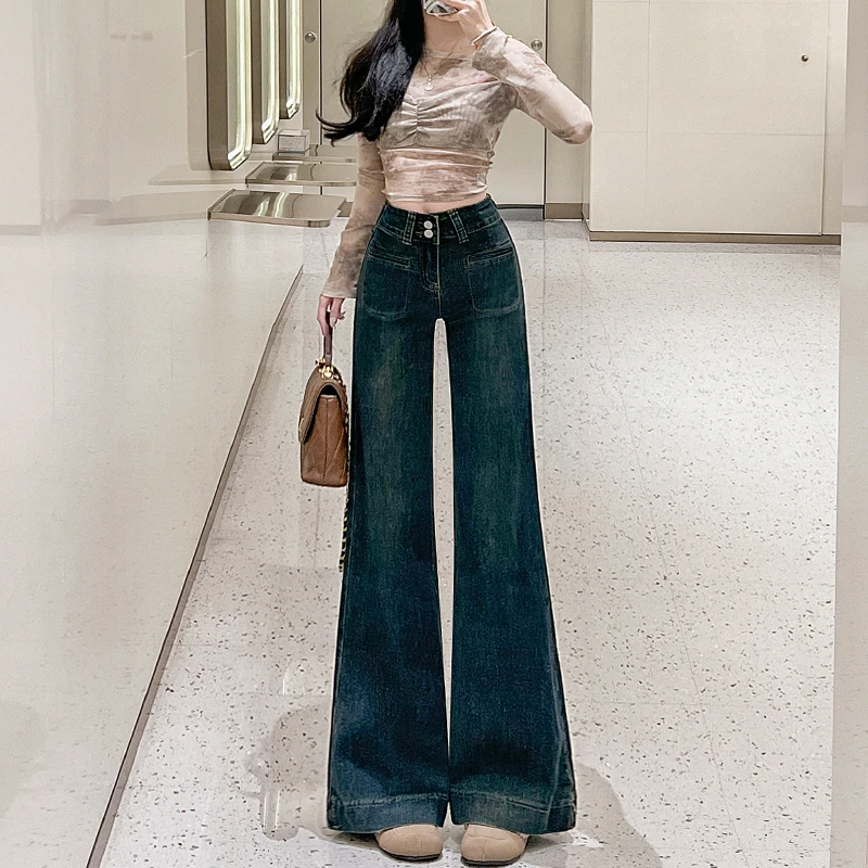 水泥灰阔腿牛仔裤女2025年高腰宽松显瘦梨型身材微喇叭直筒拖地裤