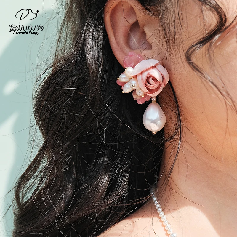 铜合金仿珍珠耳饰 《晨曦》粉色花朵巴洛克婚礼耳环女小众轻奢