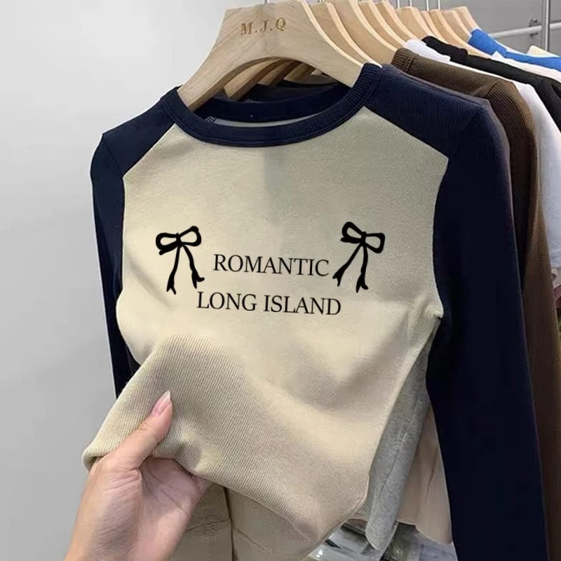 长袖中大童插肩袖撞色内搭打底衫春秋女童百搭卡通洋气T恤潮