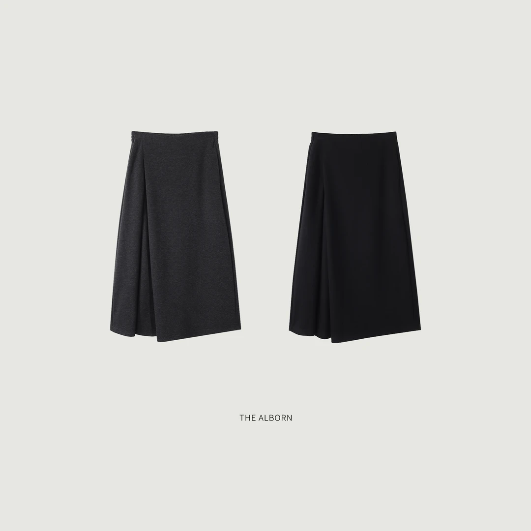 奥莉酱THEALBORN·“智性随身”绵羊毛醋酸混纺 单侧对叠A字半身裙