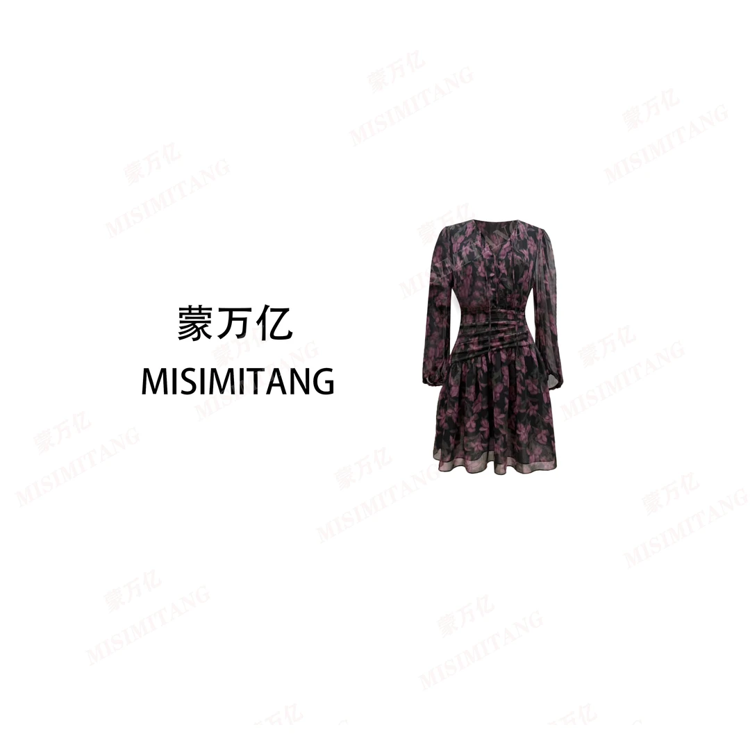 【云裳短款】春款上新紫色度假轻奢女装连衣裙碎花显瘦长袖