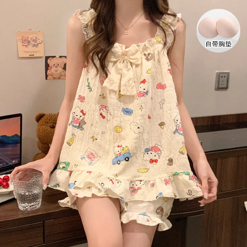 胸垫睡衣女夏季无袖短裤吊带花边甜美公主风薄款云朵棉家居服套装